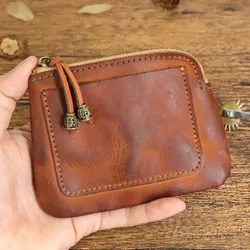 Vintage Casual Genuine Leather Men's Women's Small Wallet Designer Natural Real Cowhide Zipper Card Holder Car Key Coin Purse