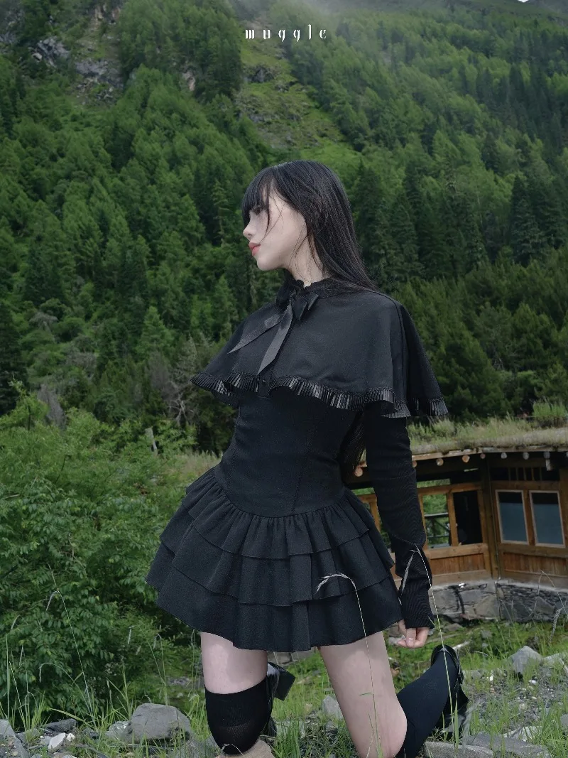 Francuski styl, nowy projekt, peleryna, retro, słodkie, eleganckie sukienki, jesienne, eleganckie, z niskim stanem, koronkowe, bufiaste, krótkie sukienki damskie, ubrania Y2k