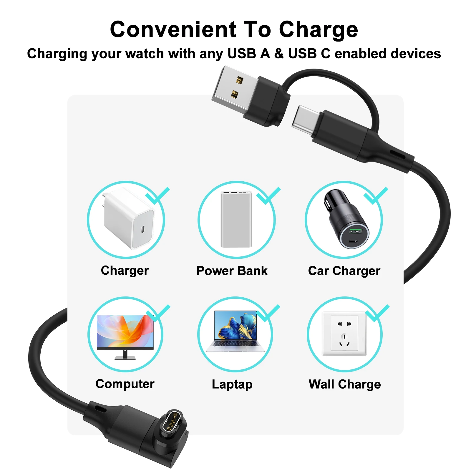 2IN1 USB/Type C Watch Charger Cable for Garmin Fenix 8/E/7/7S/6/6X Venu2/Sq2/3/3S Instinct 3/2 Approach S70/S62/S42 Quatix 8/7/6