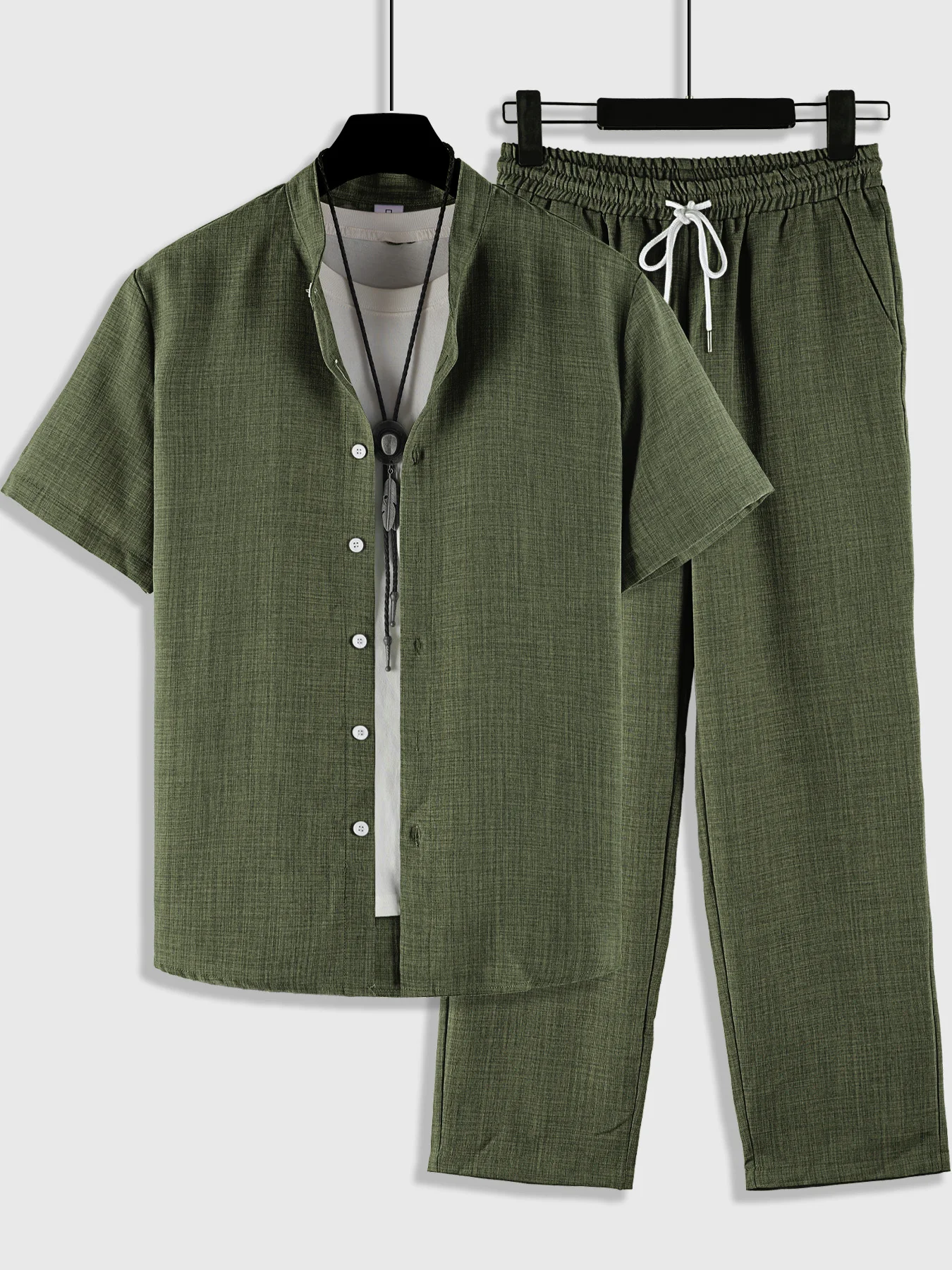 Neues chinesisches Leinen-Hemd- und Hosen-Set im Stehkragen-Stil für Herren, locker geschnitten, zweiteilig, für den Sommer