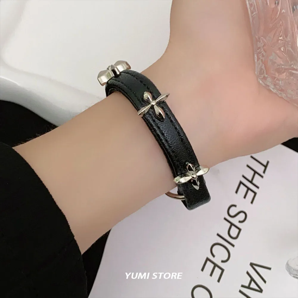 Vintage Cross Flower Bracelet For Women Gothic Punk PU Leather Adjustable Bracelet Hot Girl Kpop Couple Jewelry Y2K Accessories view 4