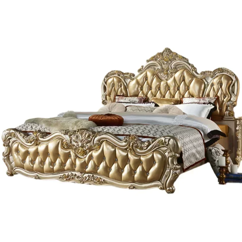 European Luxury Gold Double Bed King Size Princess Solid Wood Villa Bed Adults Modern Comferter Cama Matrimonial Bedroom Set