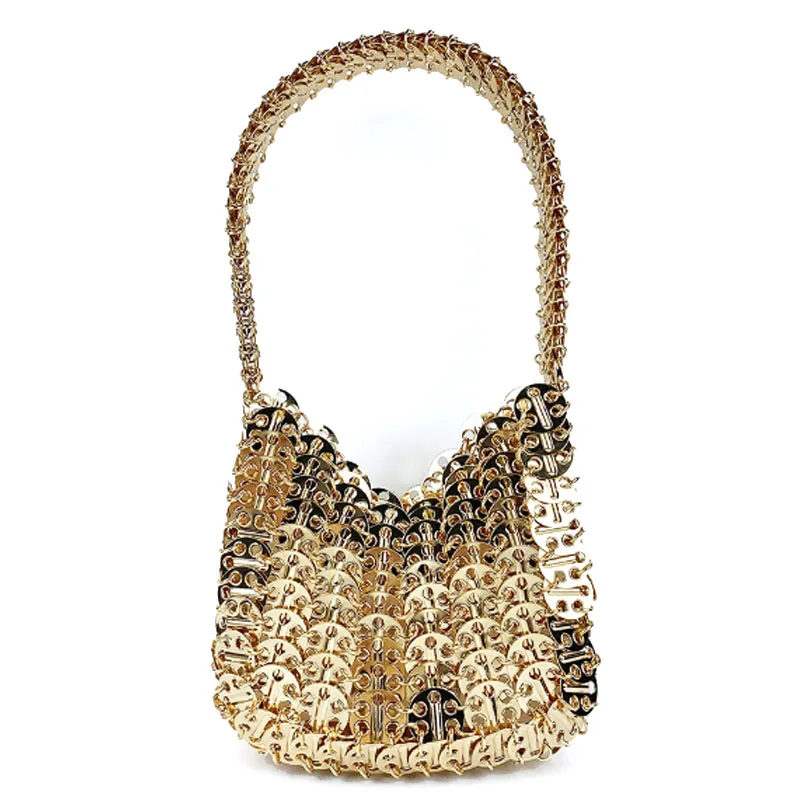 Luxury and shiny retro sequin women bag hand woven gold metal sheet handbag mobile phone bag