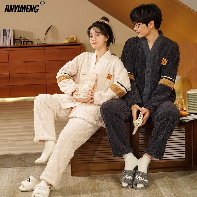 Winter Thick Teddy Thermal Velvet Pajamas Set for Couple Kawaii Kimono Style Lovers Sleepwear Man and Woman Cardigan Pijamas