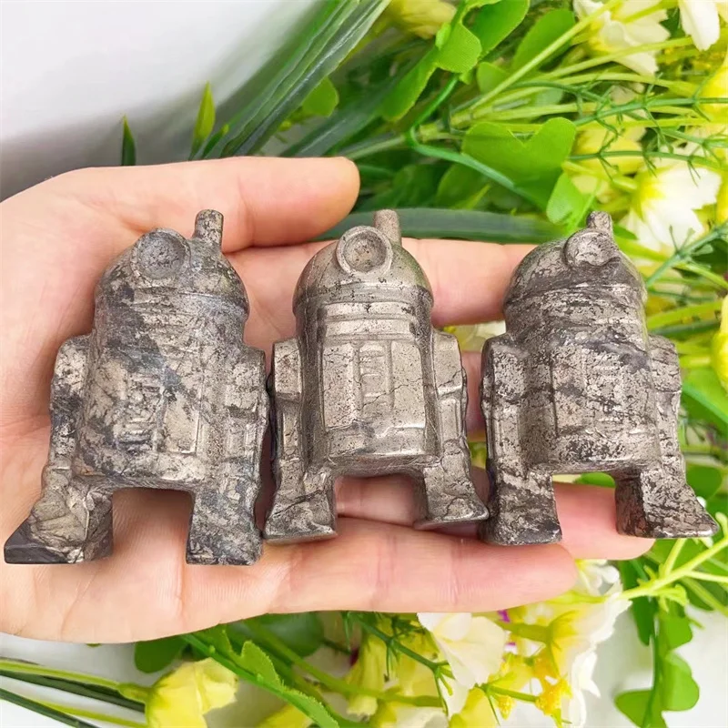 Natural Pyrite Cartoon Robot Crystal Animal Carving Crafts Healing Energy Stone Fashion Home Decoration Gift 1pcs