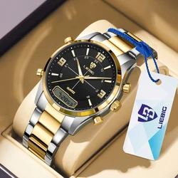 Digital Dual Time Week Gold Back Light Sport 3bar Waterproof Quartz Wristwatches Fashion Casual Watch Men Clock relogio masculin