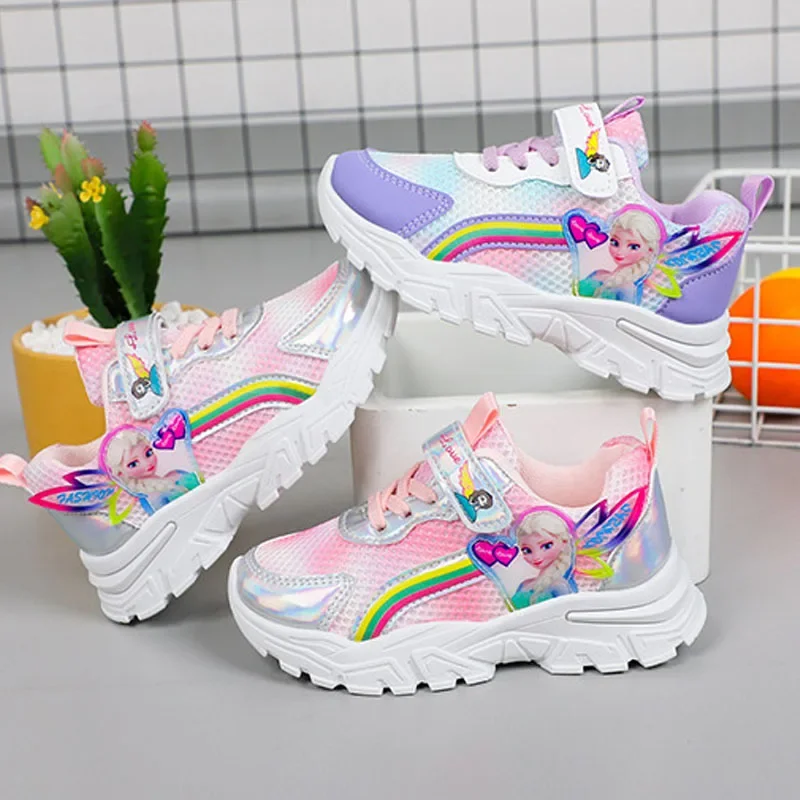 Disney Cartoon Frozen Elsa Princess Casual Shoes Girls Trend Casual Shoes Mesh Breathable Sneakers Kid\'s Fashion Running Shoes