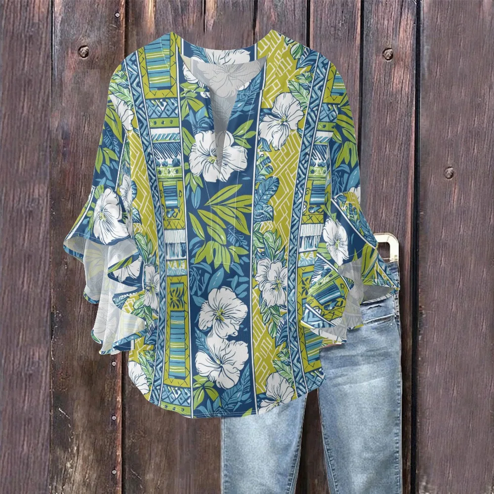 Blusa feminina bolha crepe tropical hibisco & palmeira franjas gola com decote em v mangas babados camisas respiráveis casuais roupas boho