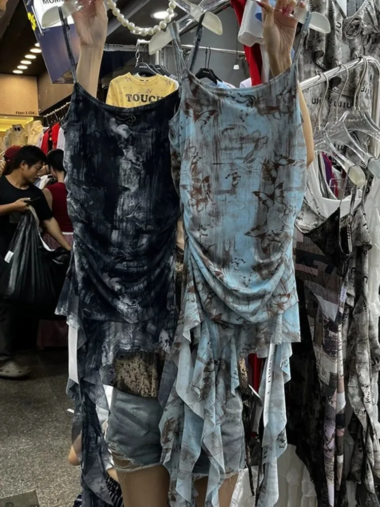 Vestido Assimétrico com Alças para Mulheres, Estilo Verão, Saia Justa em Malha Tingida com Renda, Vestido Curto para o Dia a Dia