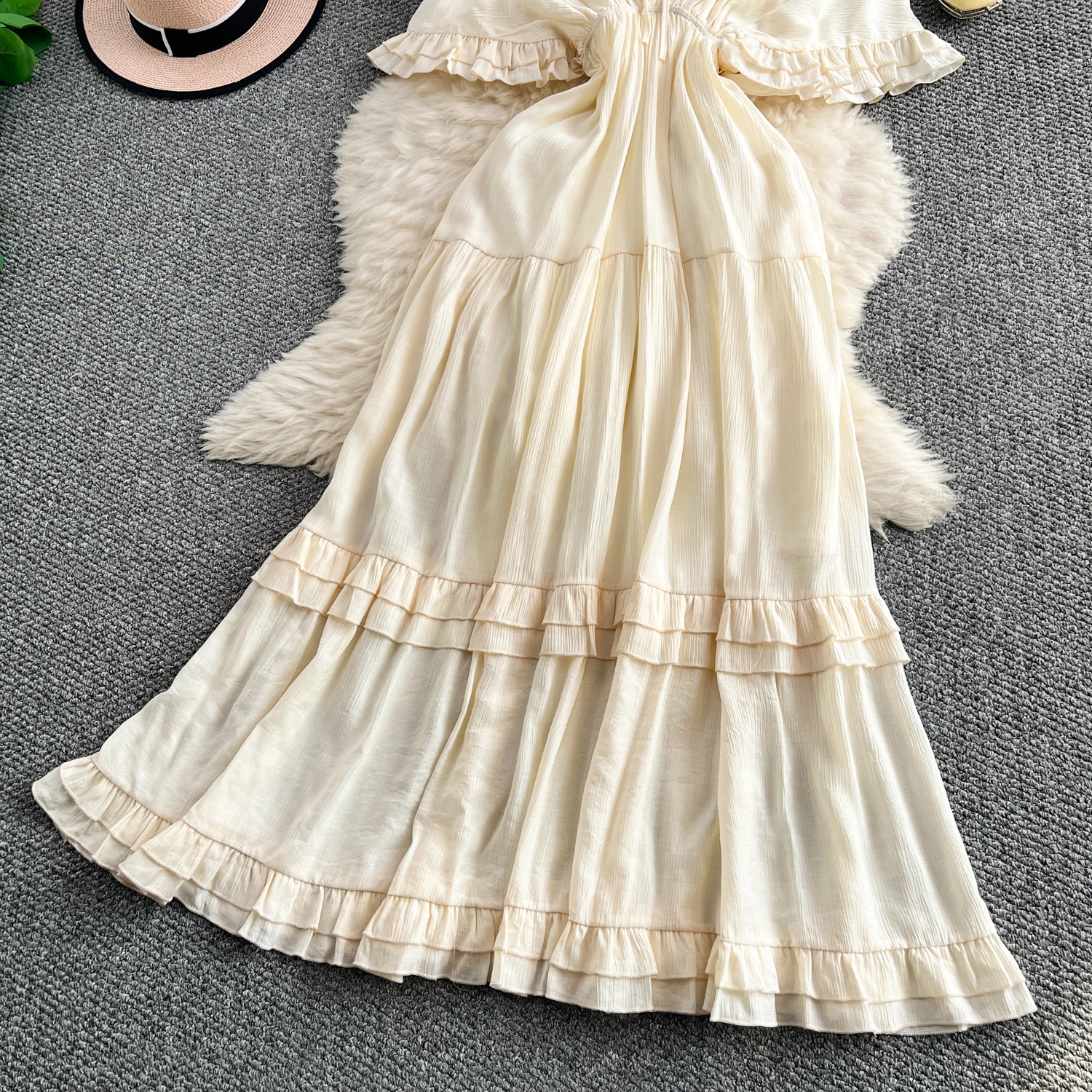 Francês vintage babados v frente de volta vestido longo verão senhora elegante grande balanço manga curta vestido sólido princesa bolo camada vestido