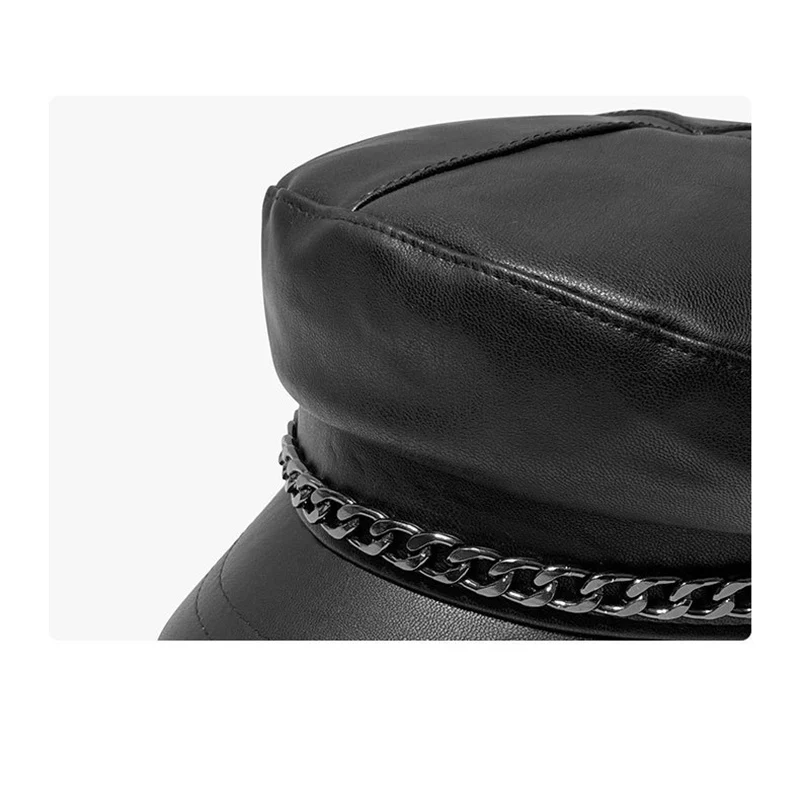 Gorra octogonal de moda Ins con cadena de Metal decorativa, boina de cuero Pu rentable para mujer, sombrero con visera que combina con todo estilo Harajuku