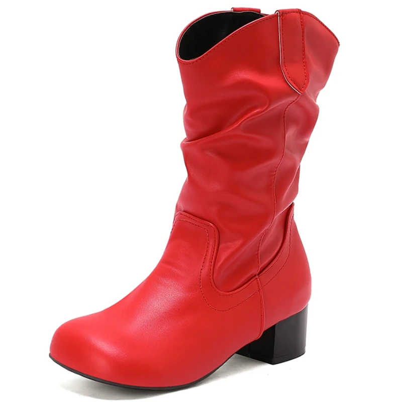 

Women's Mid-calf Boots Elegant Slip-on Black White Boot Low Heels Footwear Dance Party Shoes Lady Big Size 50 New 2026 Spring