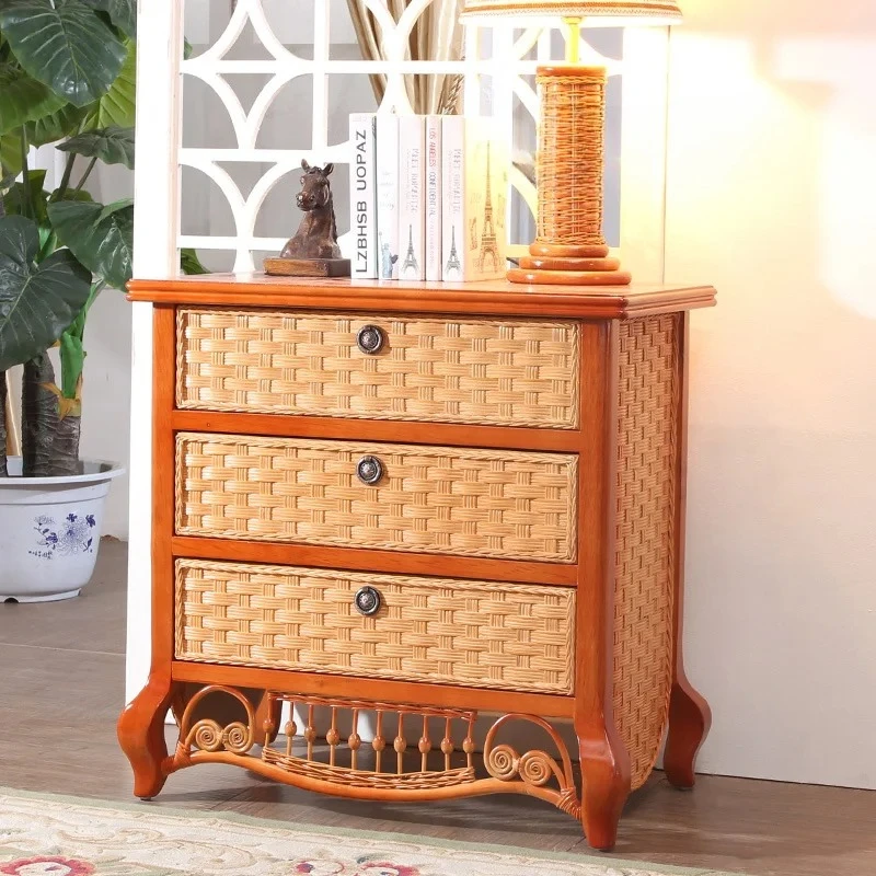 

Natural rattan solid wood living room bedroom storage three bucket cabinet light luxury premium retro bedside table