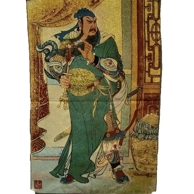 Chinese Antique Silk Brocade Tangka Painting Map Bingzhu Guan Gong Embroidery Wall Art for Home Decor