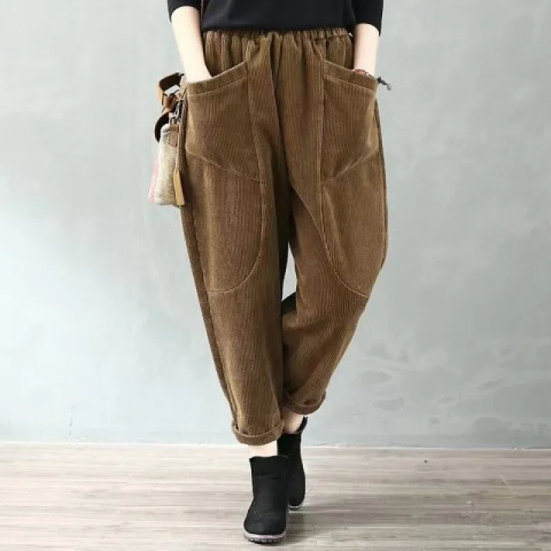 Women Baggy Pants Winter Velvet Versatile Casual Solid Color Elastic Waist Loose Corduroy Pants Women Thick Cargo Harem Trousers