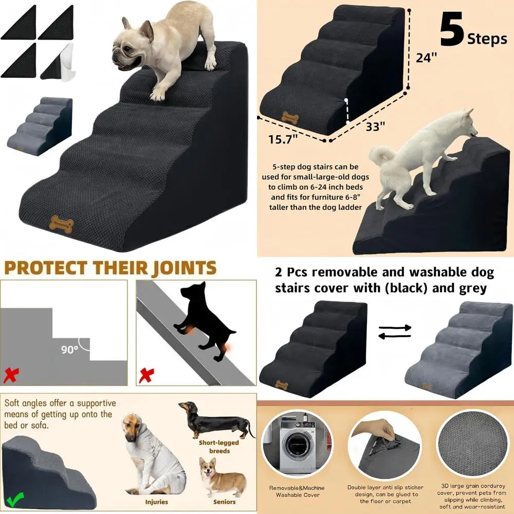 

Лестница для собак и пандус для домашних животных для маленьких/больших собак до высоких кроватей/шагов — 5 ступеней, высота 24 дюйма, для мебели 18–30 дюймов, 2 моющихся