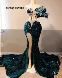 Ardent Emerald Green Sequin High Split Silver Rhinestone Mermaid Evening Gowns Elegant Wedding Party African Crystal Customized