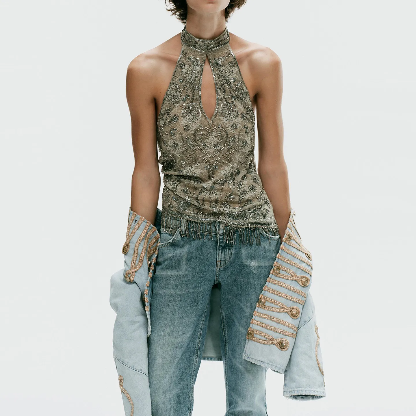 Fashionable Beaded Tassel Collar Women's Top Color Block Autumn 2026 New Arrival Straight Cut Short Length No Chest Pad