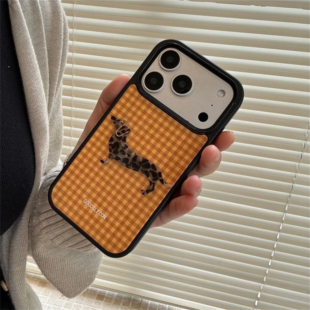 

Korean Orange Plaid Pattern Cute 3D Puppy Case For iPhone 17 Pro 16 15 14 Pro Max Phone Cover Shockproof Hard Protective Cases C
