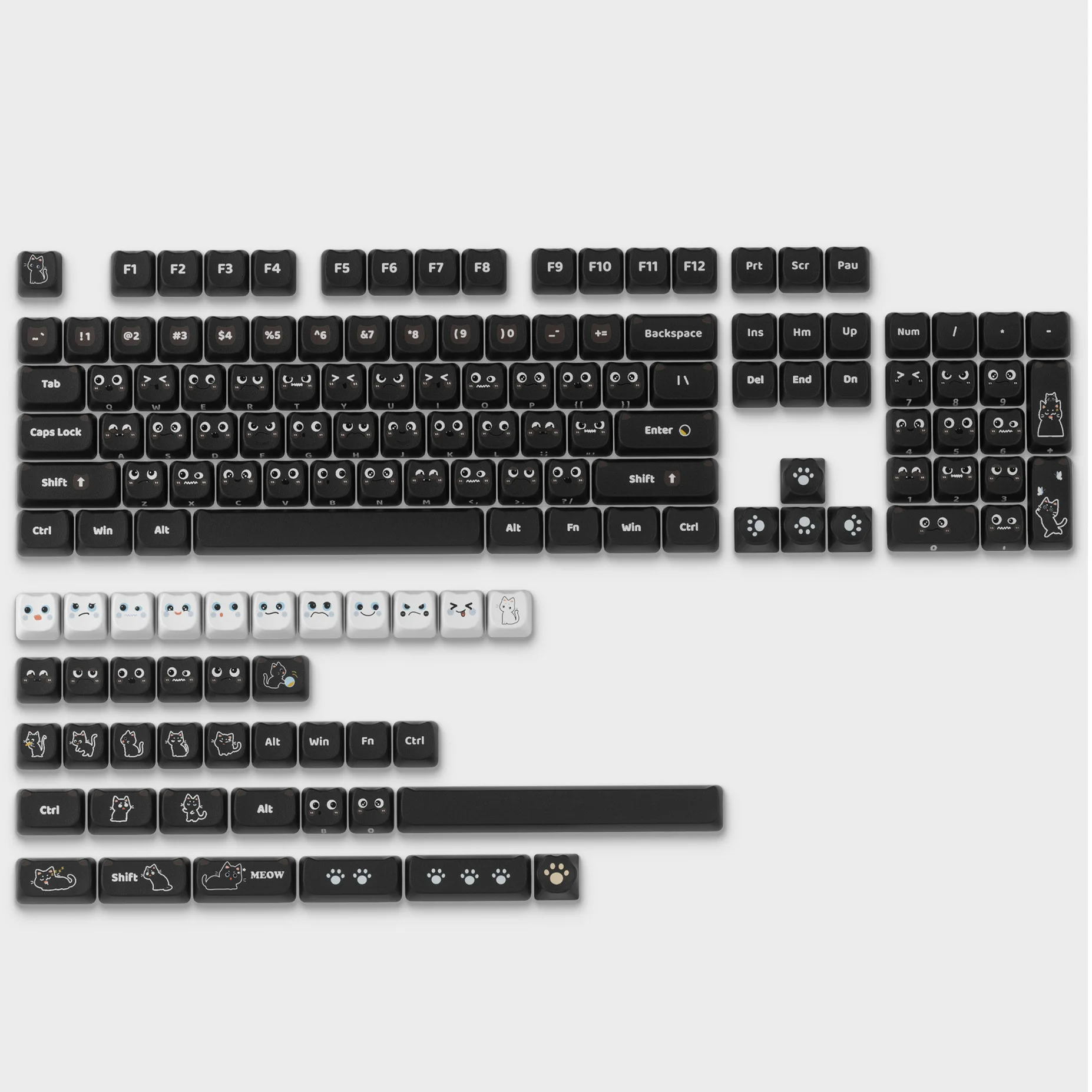Lindo gato a rayas blancas, pequeño gato de frijol negro, altura MAO, Material PBT, conjunto completo, tapa de teclado mecánico personalizada