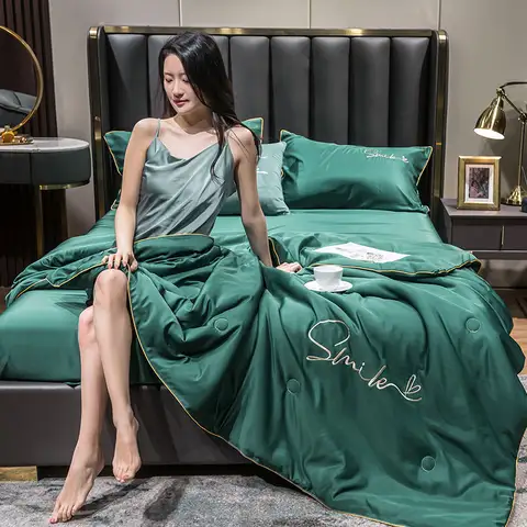 Couette d'été en soie délavée 100%, broderie lisse, refroidissement par glace, pour lit, couverture solide et soyeuse, douce et fraîche, été