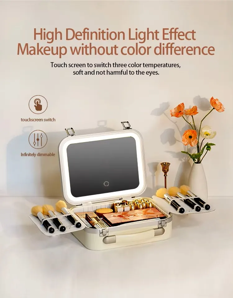 حقيبة مكياج مضاءة بإضاءة LED بسعة كبيرة مع مرآة، صندوق تخزين مستحضرات التجميل قابل للفصل، صندوق مكياج للسفر، حقيبة مستحضرات التجميل