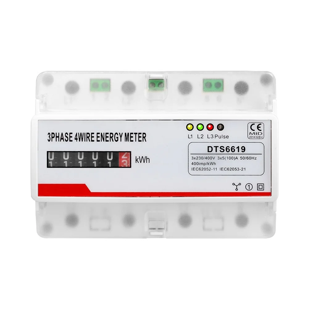 

3 Phase 4 Wire Energy Meter Digital KWH 100A 380V Rail Mounted with Clear LCD and Pulse Output for Energy Usage Measurement