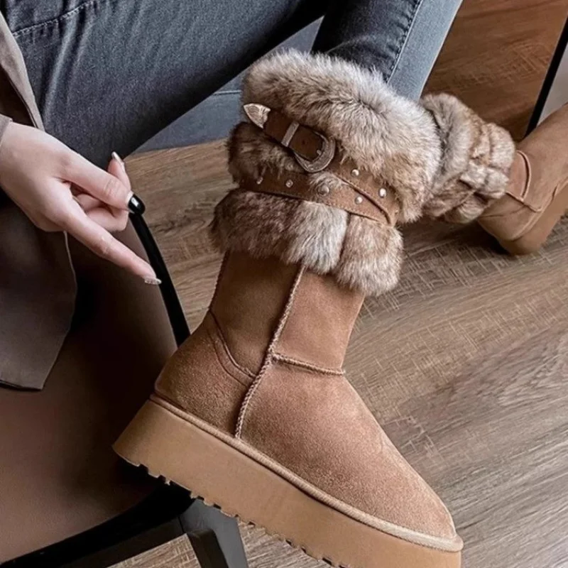 

Winter New Thick-Soled Height-Increasing Fleece-Lined Warm Snow Boots Casual Versatile Ankle Boots with Belt Buckle for Women