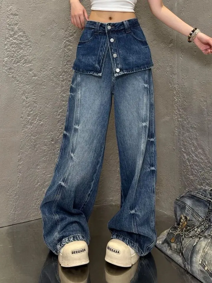 Fake Two Pieces of Design Sense Old Washed Wide-leg Jeans Women's Early Autumn New Loose Pants