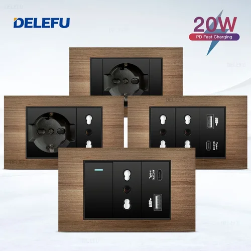 DELEFU-enchufe de pared de grano de madera de imitación, interruptor de presión de luz, color negro, con USb tipo C, estándar italiano, para oficina y hogar, enchufe europeo, 118 Carga rápida