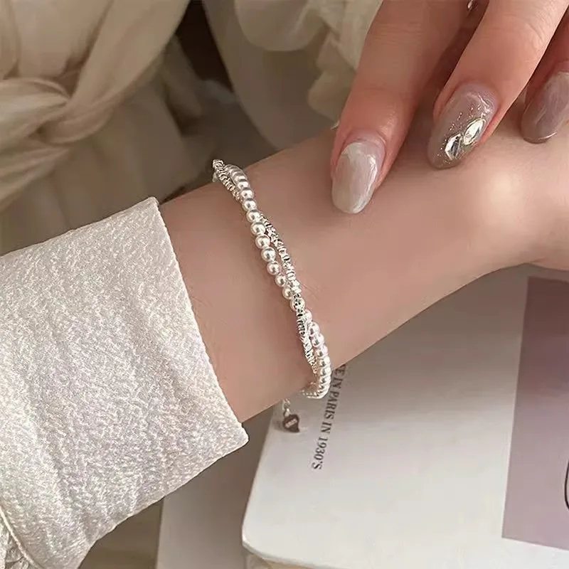 925 Sterling Silver Pearl Bracelet For Women Fashion Korean Versatile Double Layer Bead Bracelet Luxury Party Wedding Jewelry