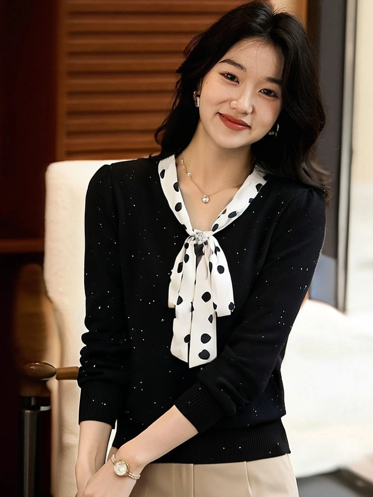 

Chanyun Kejia 2026 Spring Autumn Fine Wool V-ne Knot Long Sve Knitted Sweater Women's Casual Loose Fit Knitwear