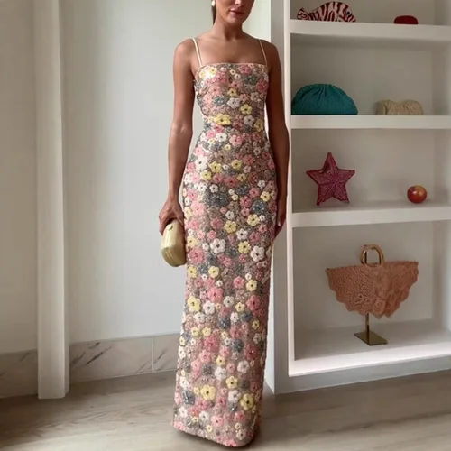 Imagen 2 del producto Summ mujeres flores retales de lentejuelas vestido largo de fiesta delgado vestido largo de moda sin tirantes, vestido Sexy sin mangas para mujer Vestidos