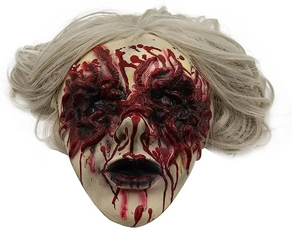 Scary Mask Creepy Bloody Monster Devil Women Vampire Witch with White Hair for Costume Party Cos Horror Bloody Props