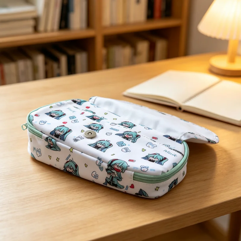 Hatsune Miku Federmäppchen, Schreibwarentasche, für Studenten, große Kapazität, mehrschichtig, Schreibwarentasche, Münzgeldbörse, Kosmetiktasche, Zubehör – Detail 3