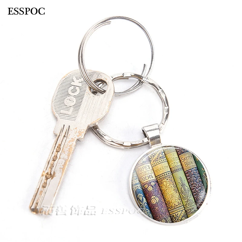 Fashion Shabby Books Keychain Key Chain Ring Silver Color Glass Dome Cabochon Holder Gift for Book Accessories Keyring Lover