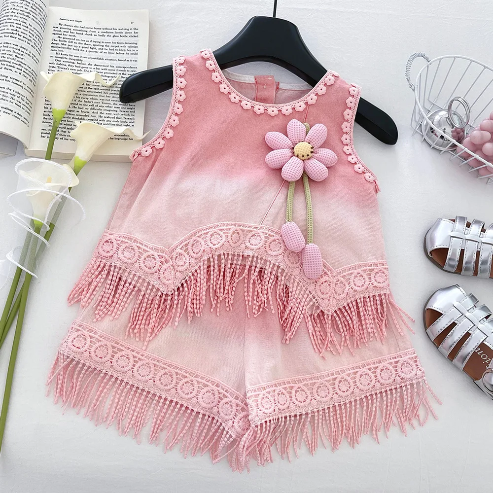 

Summer New Girls' Denim Set, Three-dimensional Flower Butterfly Condensation Back Tassel Top, Shorts Two-piece Set