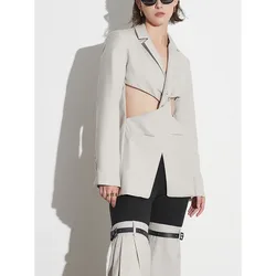 Blazer da donna ritagliato, Top da abito con temperamento Patchwork a maniche lunghe con scollo a v, giacca da donna con personalità della moda 2024