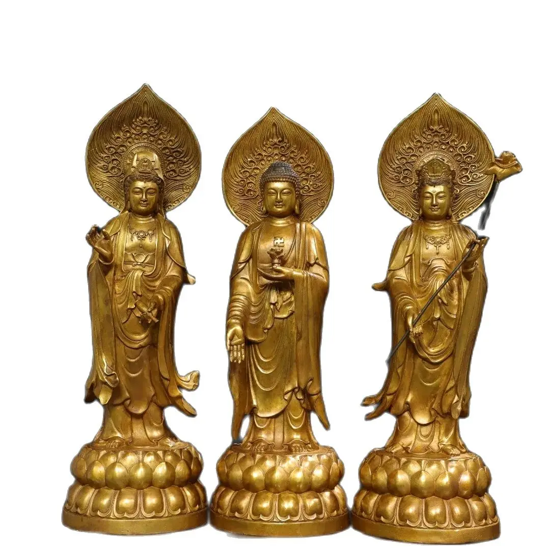 

A set of bronze gilded Buddhist statues of the Western Three Saints worshipped at home Size: Single height 48cm, width 15cm