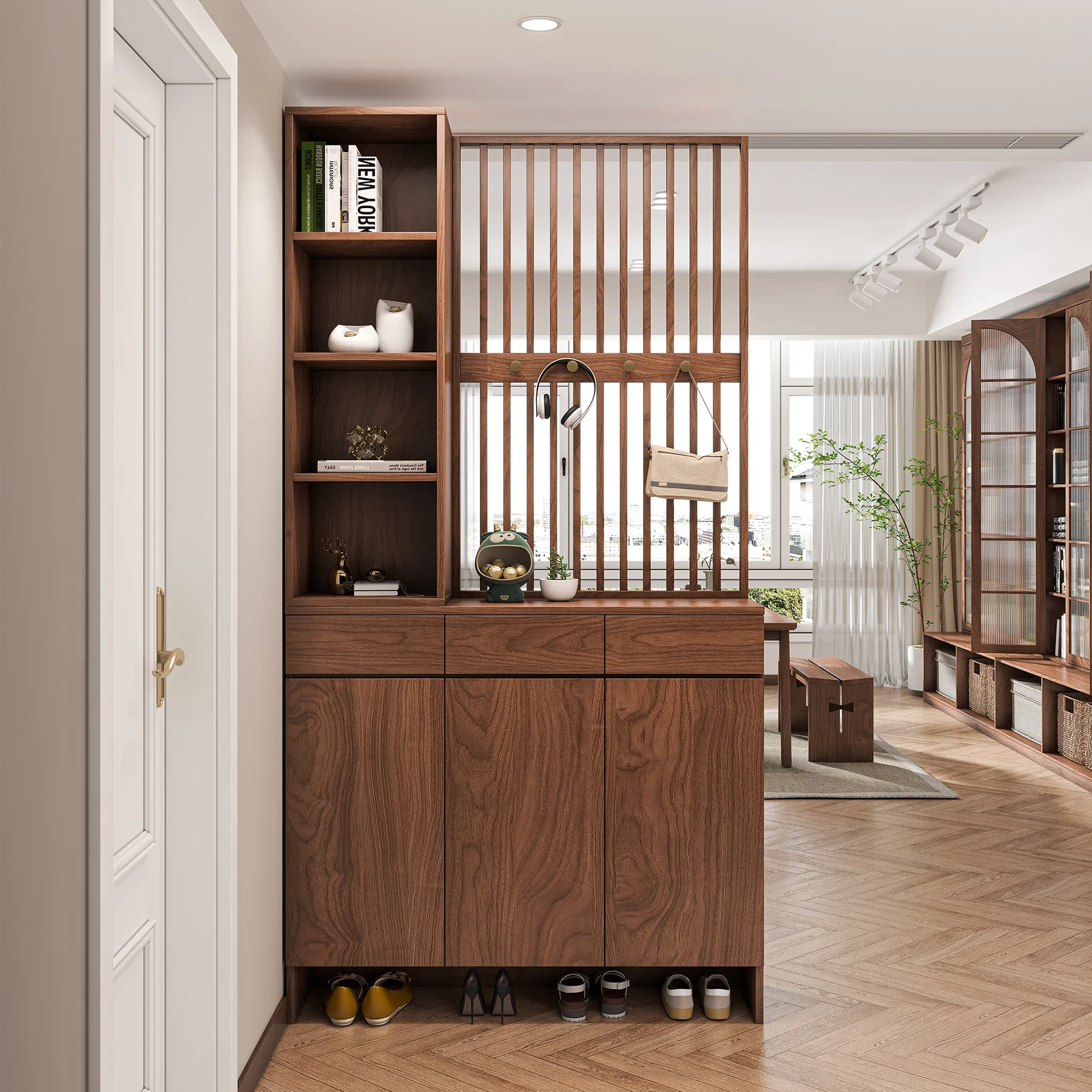 

All solid wood entrance cabinet, screen shoe cabinet integrated living room, black walnut log hanging clothes, partition cabinet