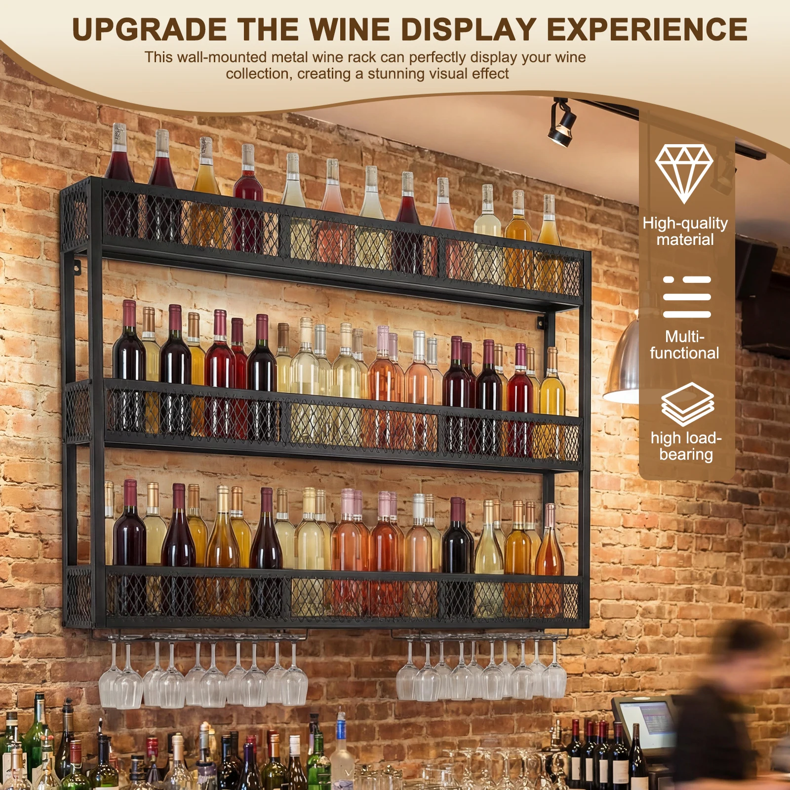 

39in 3-Tiers Wall Mounted Wine Rack with Glass Holder Wine Glass Storage Display Shelves for Kitchen Bar Dining Rooms Decoration