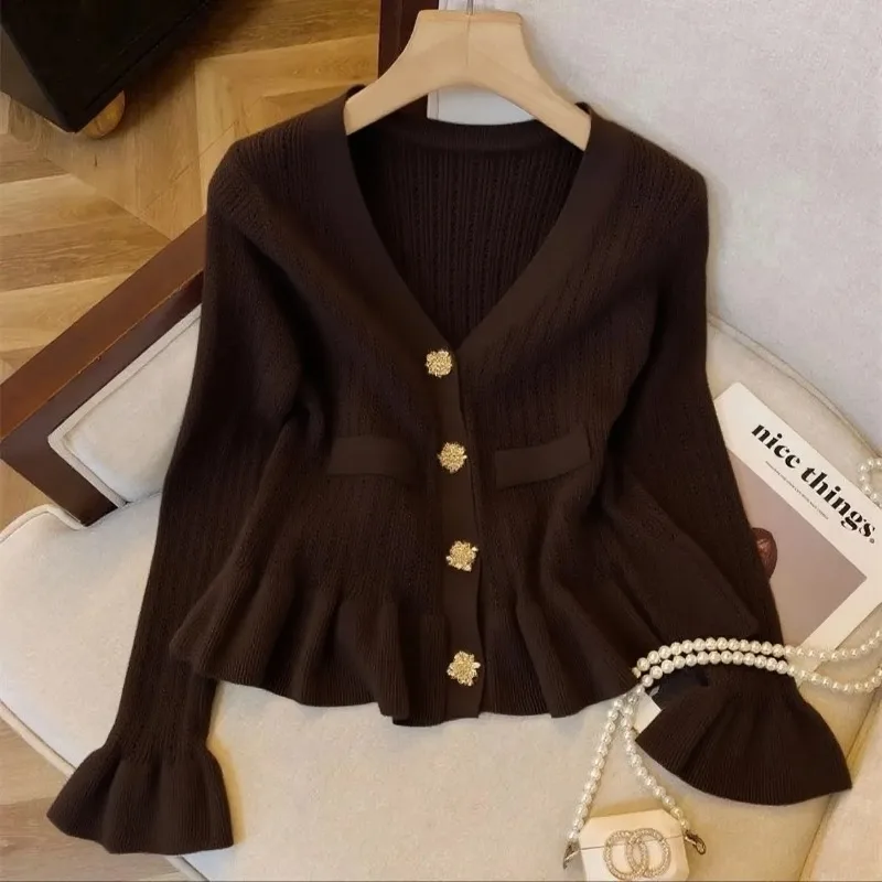 

Hollow Early Autumn Knitted Cardigan Knitted Sweater Temperament Slim Trumpet Lotus Leaf Top