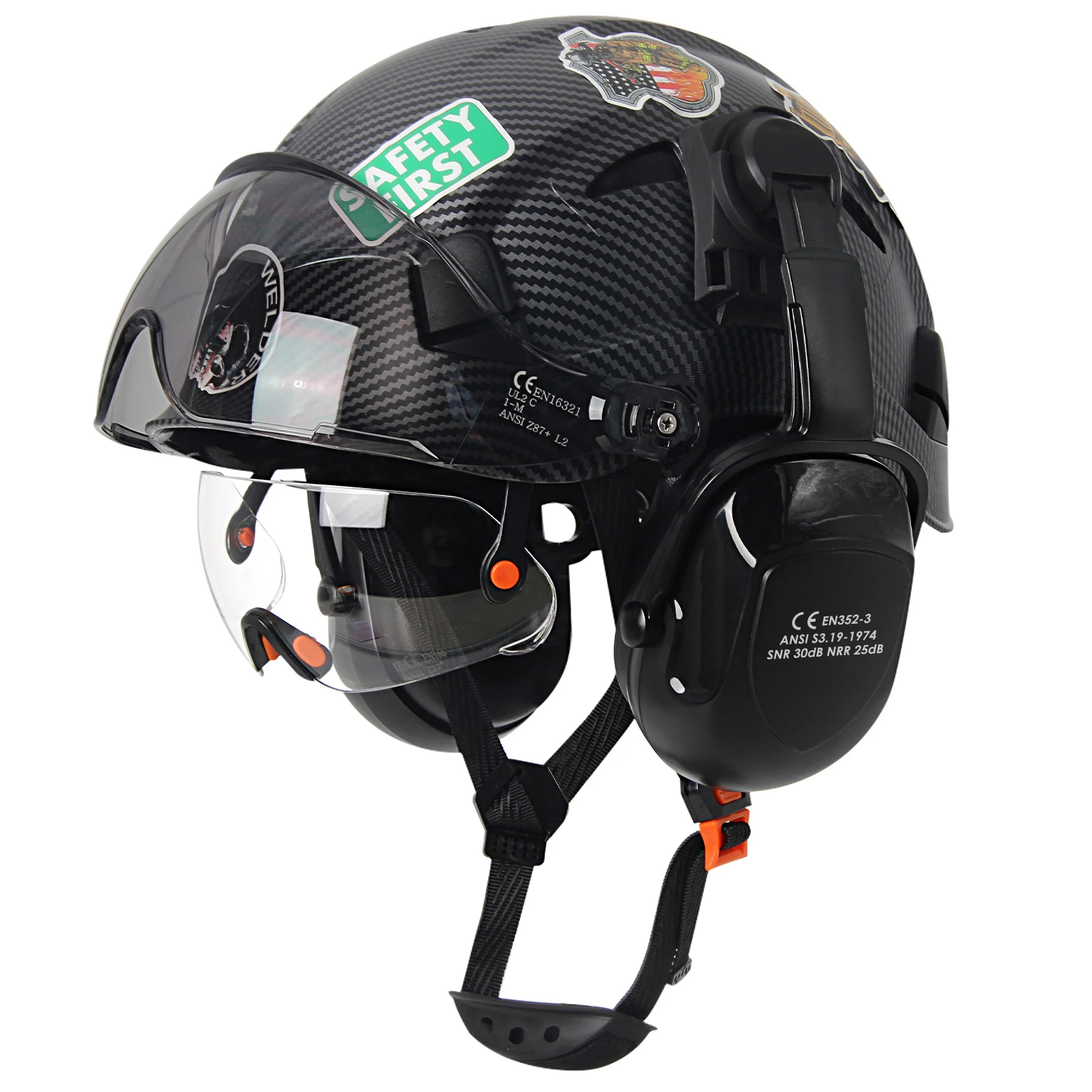 Construction Carbon Fiber Safety Helmet With Double Goggles Earmuffs 50Pcs DIY Stickers ABS Hard Hat Climbing Ride Protective Ca