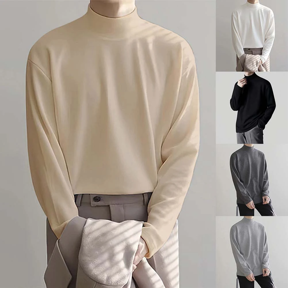 

Mens Classic Elasticity Turtleneck Pullover Long Sleeve Thermal Tops Solid Color Comfortable T-Shirt Undershirt New Fashion