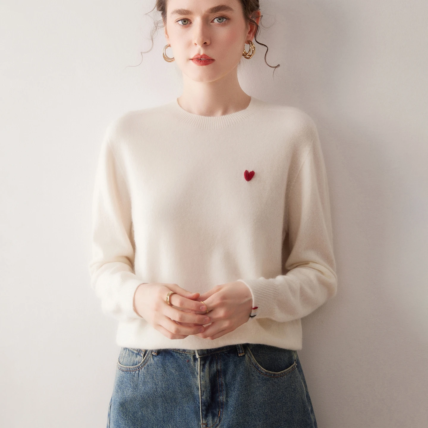 100% pure cashmere women's heart-shaped round-neck European-style high-end multi-color knitted base layer sweater