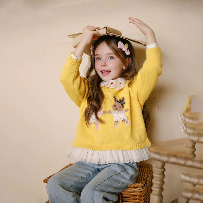 Frühlingspullover mit gesticktem Kragen und dreidimensionalem Design für Mädchen, süßer und weicher Strickpullover. – Detail 1