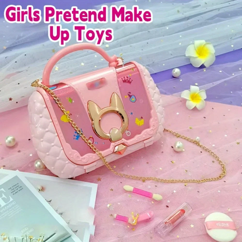 Maquiagem de plástico portátil para meninas, kit de maquiagem lavável para brincar de fingir, bolsa pequena, conjunto de cosméticos de beleza infantil, presente de brinquedos