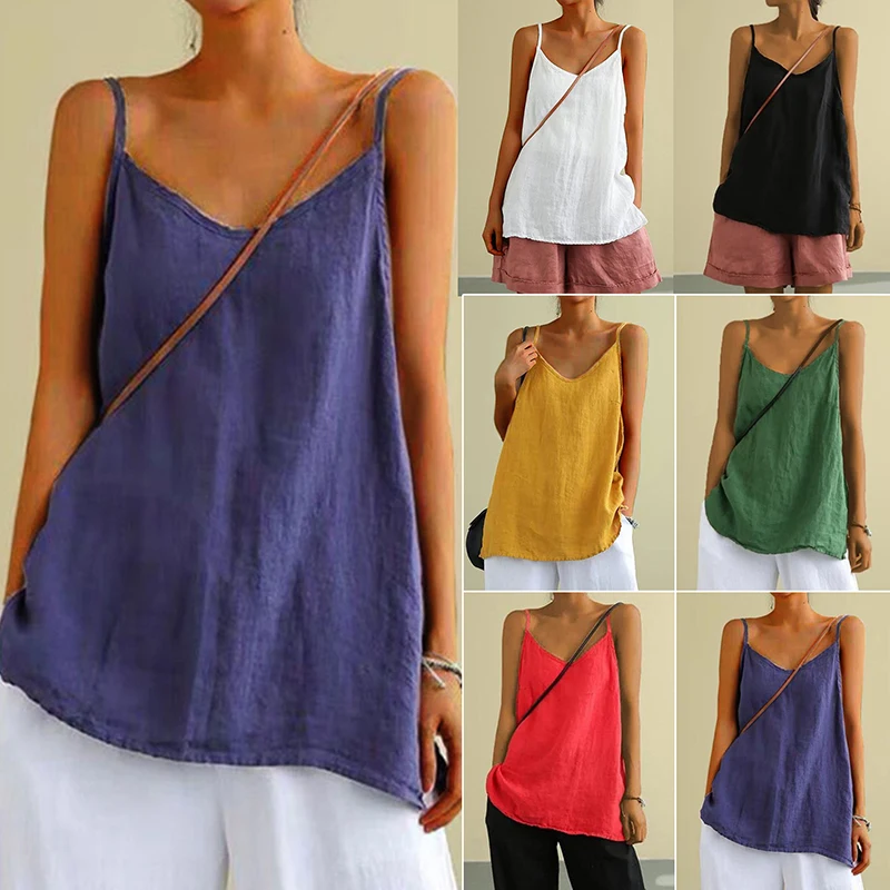 Damen Sommer-Top aus Baumwolle und Leinen, Spaghettiträger-Top, Damen Neckholder mit V-Ausschnitt, Einfarbiges Ärmelloses Tanktop, Locker Sitzendes Casual-Cami – Detail 2