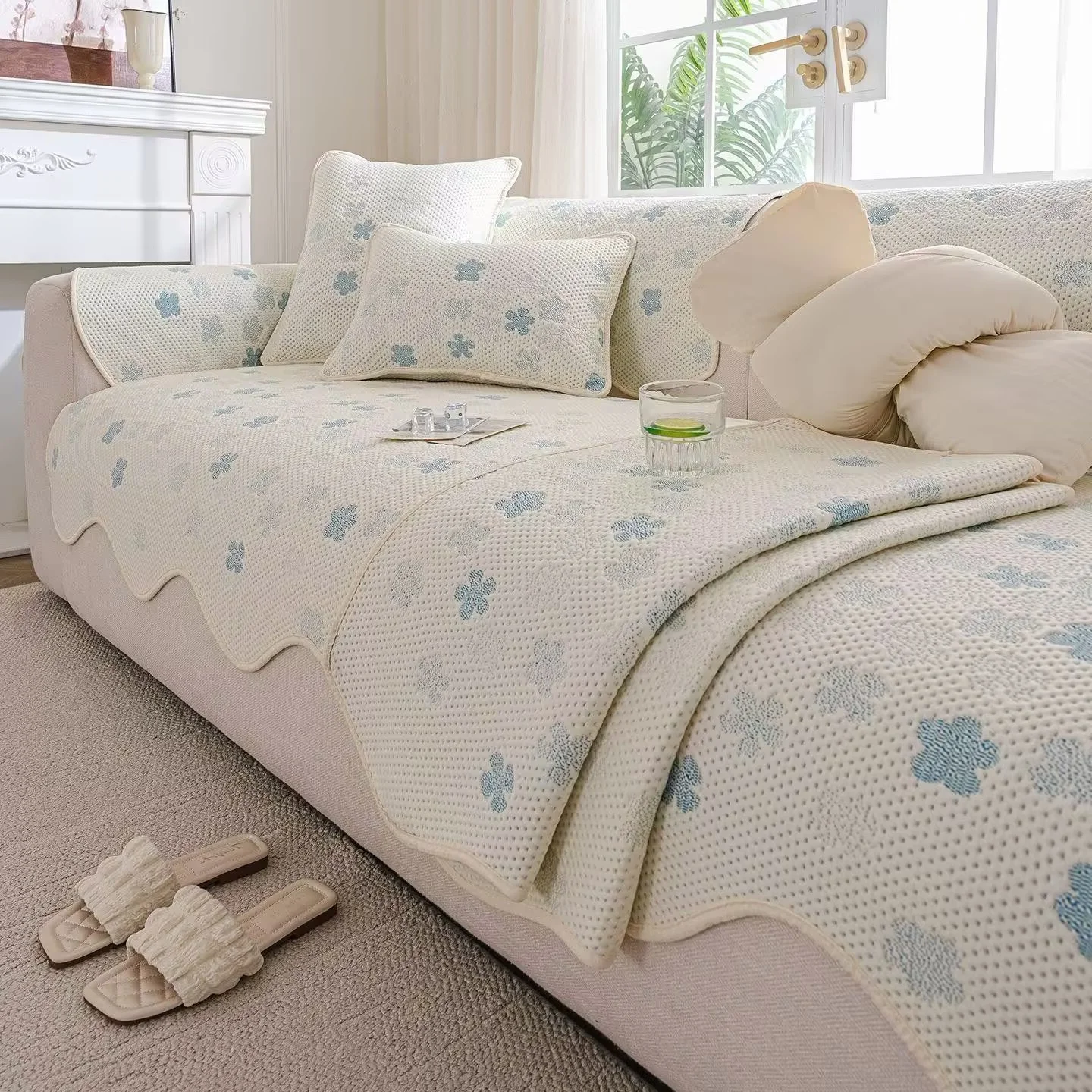 Summer Cooling Bead Sofa Pad One-piece Irregular Seat Cover Ice Silk Yarn-dyed Floral Non-slip Dustproof Adjustable Sofa Cushion