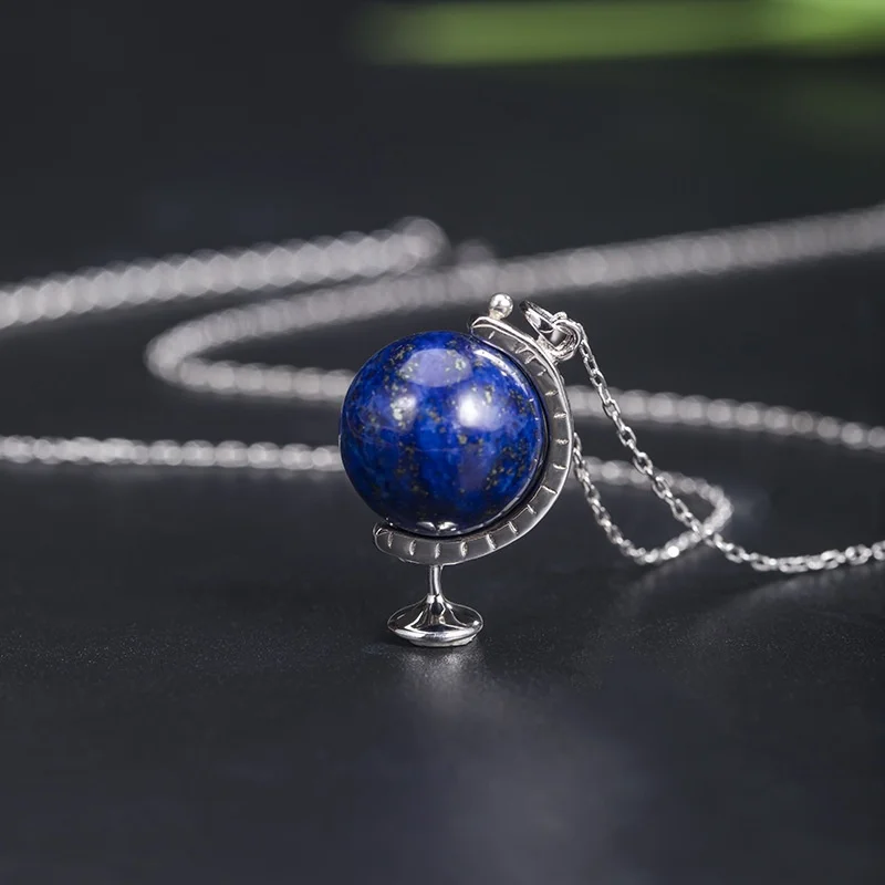 925 silver lapis lazuli globe pendant, rotating round ball temperament, couple necklace, birthday gift for girlfriend